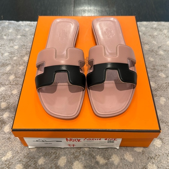 Hermes Shoes - Hermes Pink and Black Oran Slide Sandals